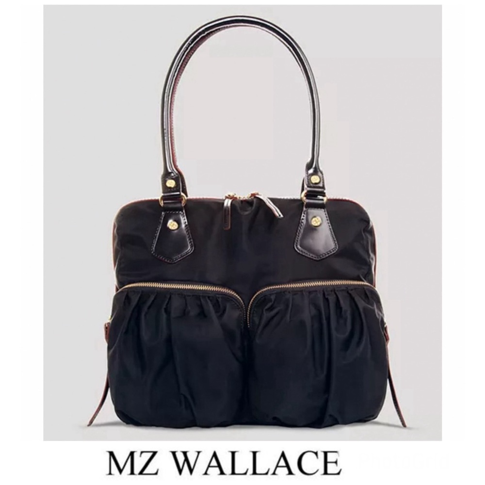 MZ WALLACE Jane Black Nylon Leather Pouch Gold Hardware Small Shoulder Bag Tote